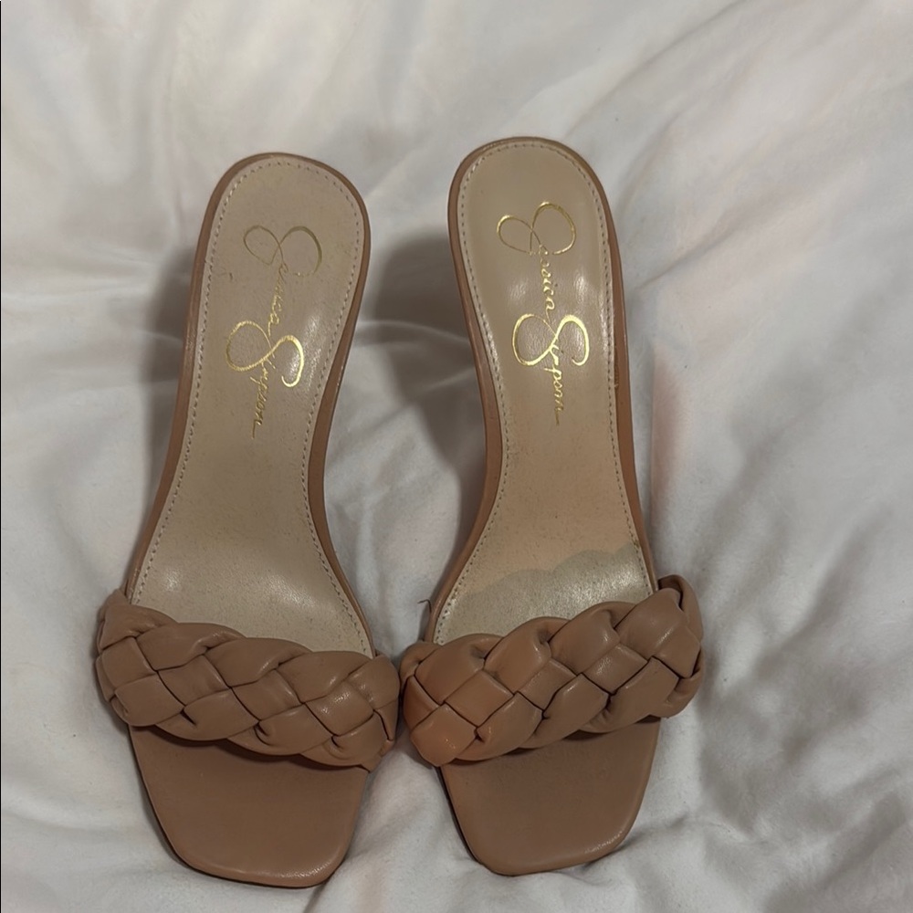 Jessica Simpson Tan Kitten Heeled Sandals with Braided Strap